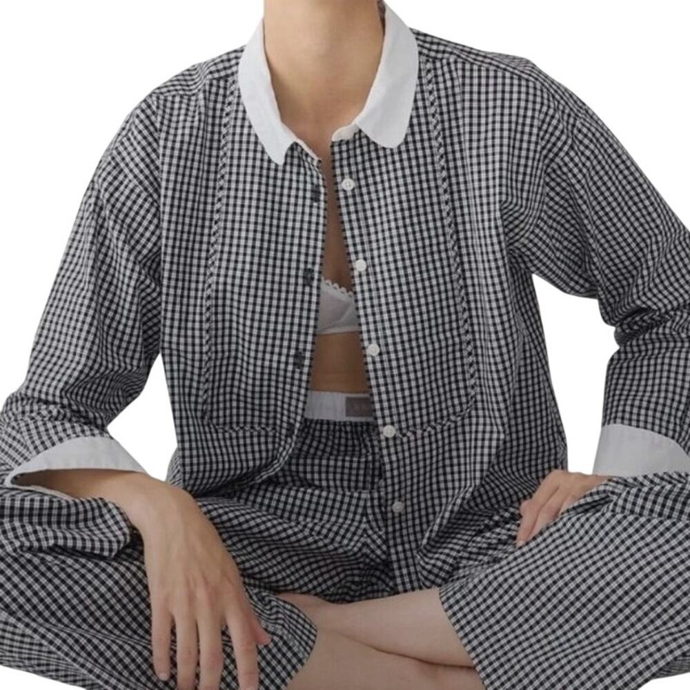 J. Crew Cotton Poplin Bib Pajama Shirt in Plaid Small Black White Loungewear PJs